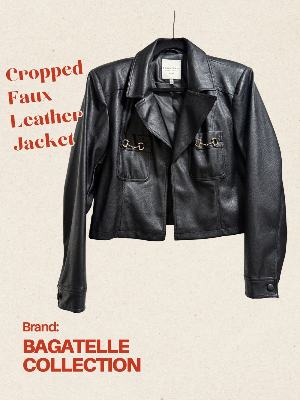 bagatelle Black Cropped Faux Leather Jacket with Gold Hardware